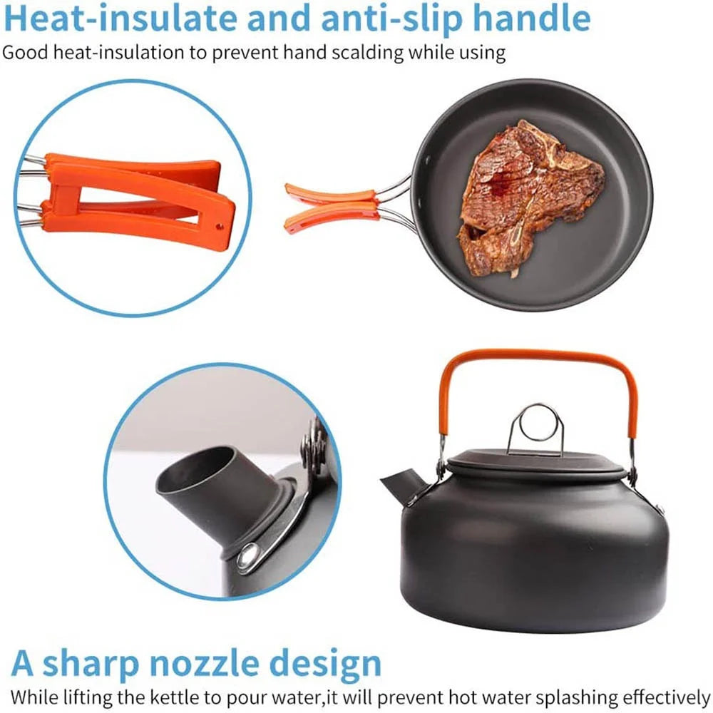 Camping Cooking Set Camping Cookware Travel Tableware Outdoor Picnic Set Teapot for 2-3 People Non-Stick Pots Assorted Sets