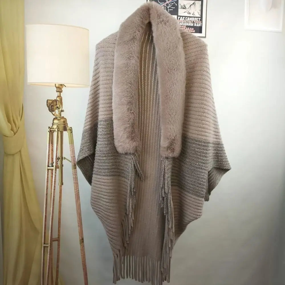 Fashion Cardigan Cape Cloak Faux Fur Collar Plush Wraps Knitting Shawl Winter Warm