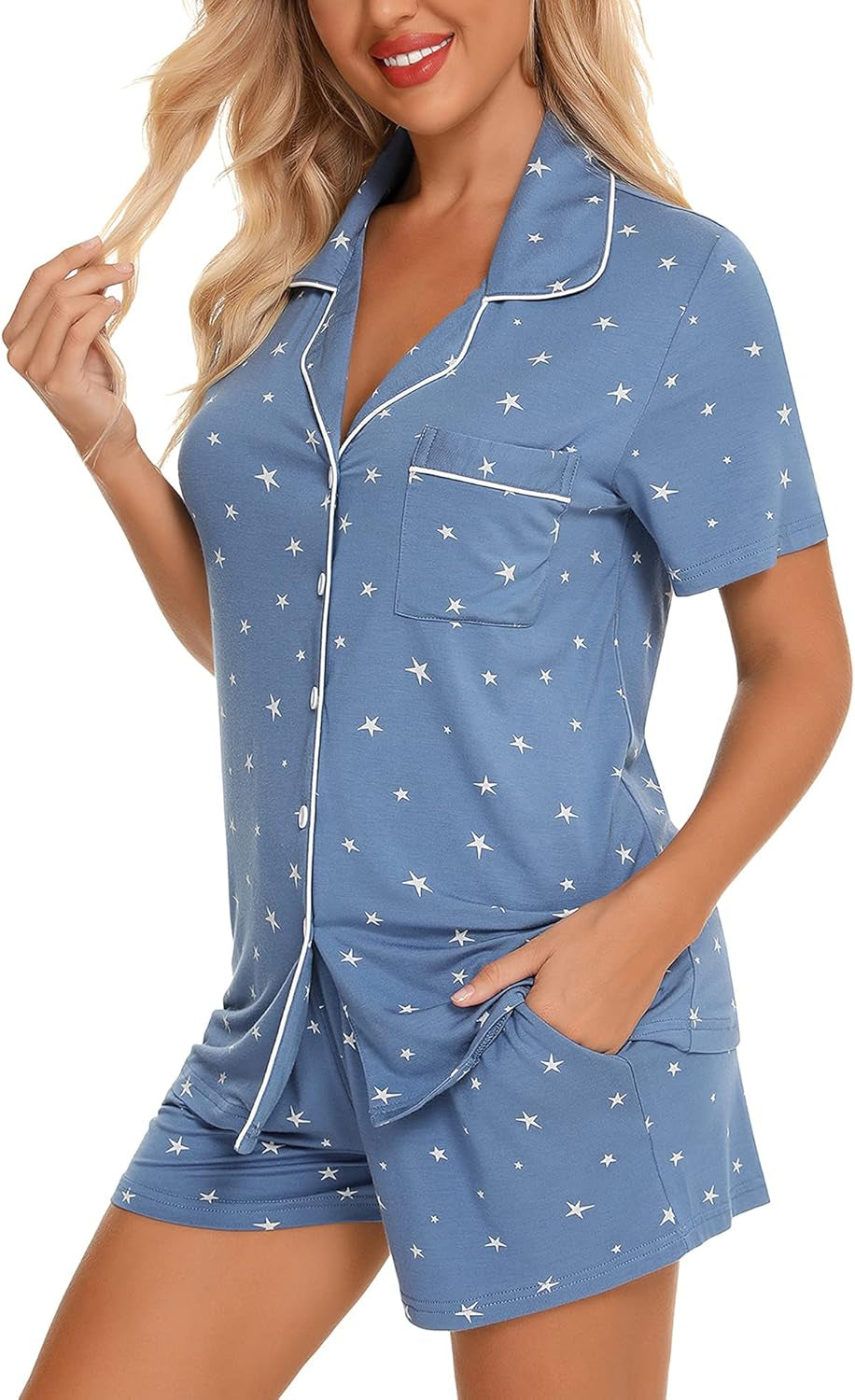 Womens Pajamas Set Short Sleeve Button down Sleepwear 2 Piece Pjs