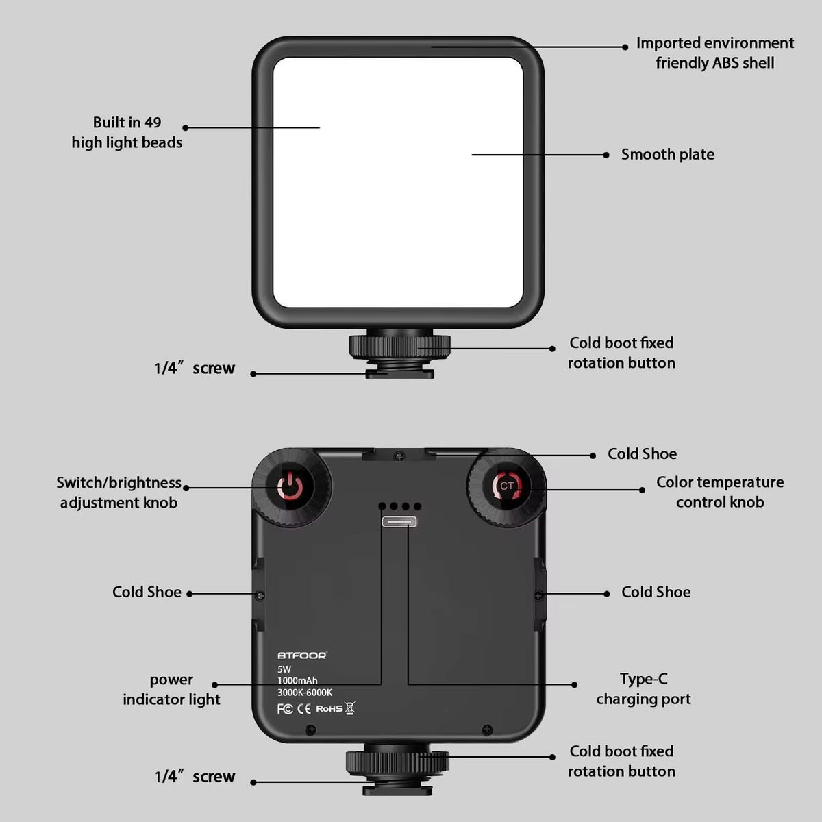 LED Clip Video Light Portable Photography On-Camera 3000K-6000K Bi-Color Lighting Cold Shoe for DSLR Camera Camcorder Gopro Vlog