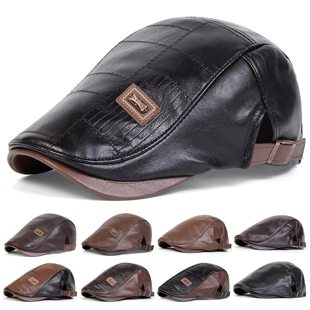 Men Retro Pu Leather Newsboy Caps JAMONT Labeling British Painters Hats Spring Autumn Side Adjustable Flat Cap Hip Hop Berets