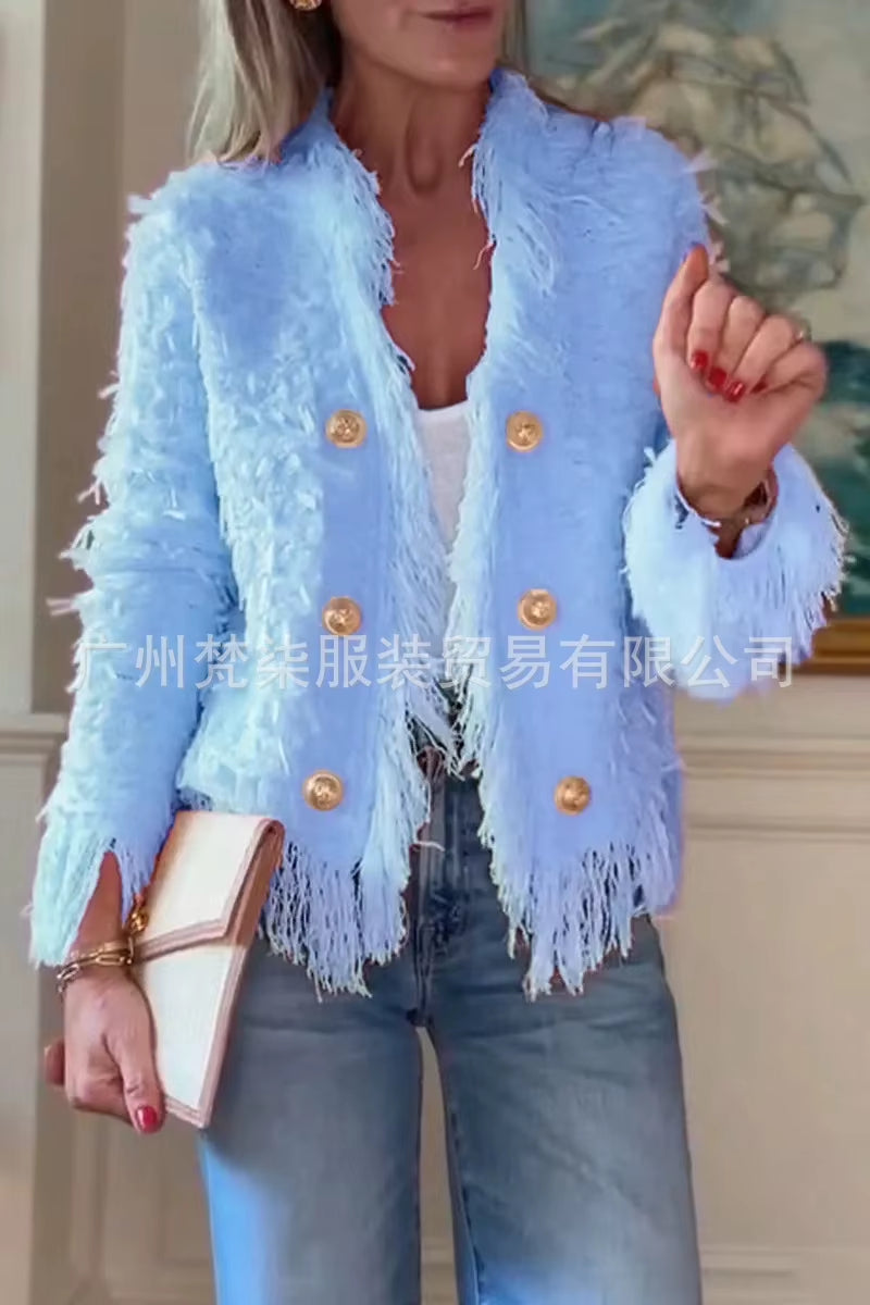 Fashion Metal Button Short Jacket Women Solid Color Autumn Button round Neck Jacket for Women 2025